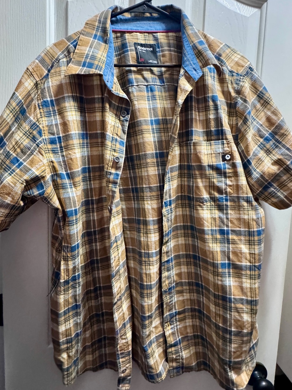 Marmot Short Sleeve Plaid Button-Up Shirt in Tan and Blue